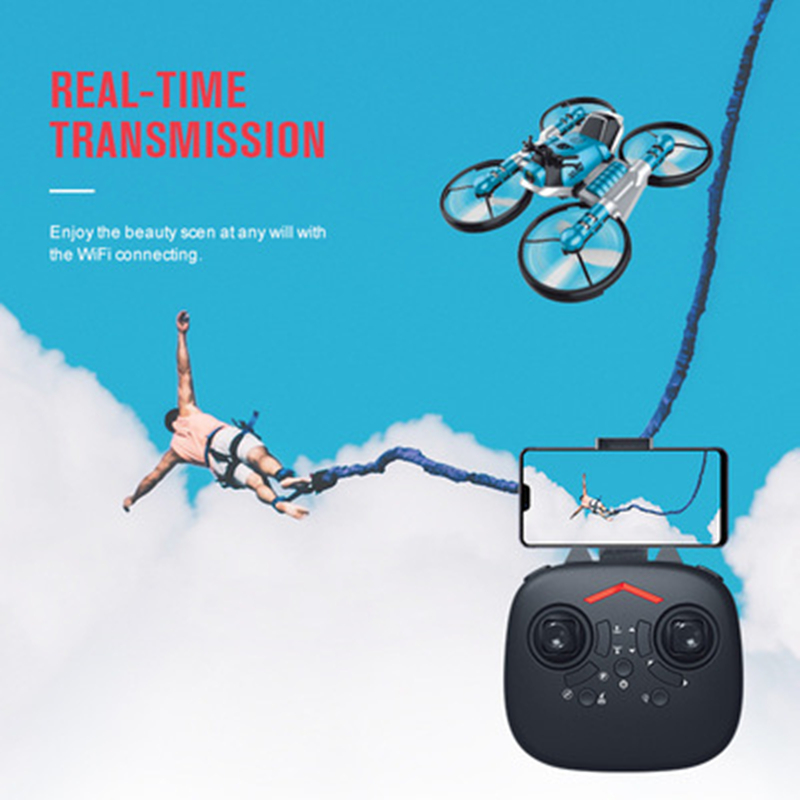 Drone Rc Land - รถจักรยานยนต์ควอดคอปเตอร์ RC แบบพับได้สำหรับใช้งานบนบกและอากาศ พร้อมระบบขึ้น/ลงอัตโนมัติด้วยปุ่มเดียว กล้อง WiFi